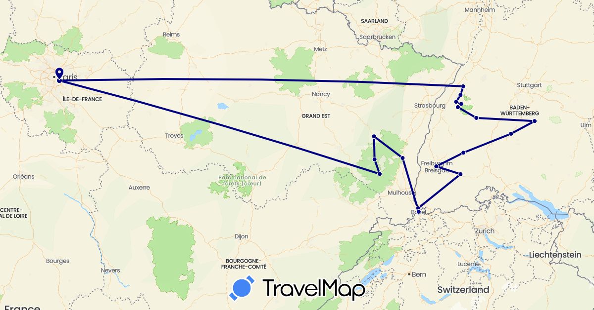 TravelMap itinerary: driving in Switzerland, Germany, France (Europe)